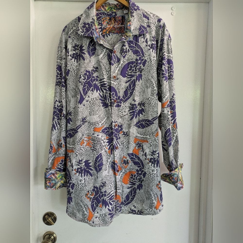 Robert Graham  Classic Fit  Men’s 1 Blue Tropical Print Button Down Shirt